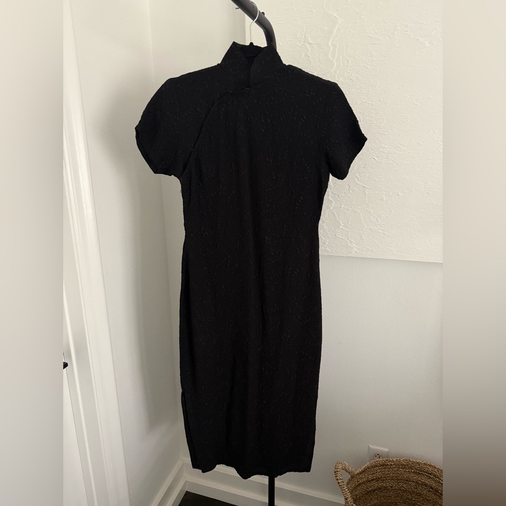 Vintage Silk Crepe Asian Style Black Dress